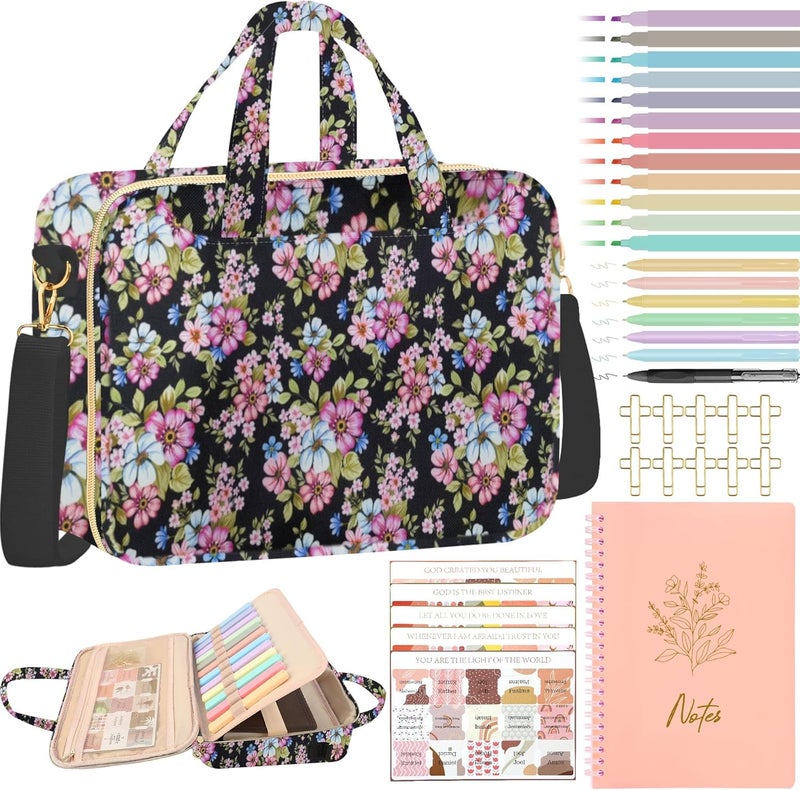 PUGPIU Bible Cover Case for Women, Large Quilted Bible Bag with Shoulder Strap and Handle, Bible Study Supplies Journaling Kit with Highlighters Pens No Bleed Tabs Notebook Cross Clips (Floral) - Image 1